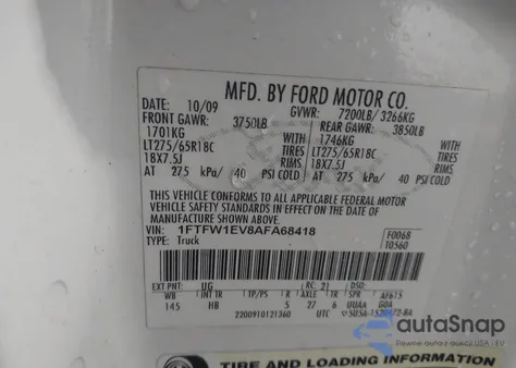 2010 Ford F-150 Fx4/Harley-Davidson/King Ranch/Lariat/Platinum/Xl/Xlt из США, поврежденный, VIN 1FTFW1EV8AFA68418